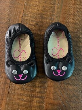 Jessica Simpson Black Ballet Flats with Pink Cat Face Accents